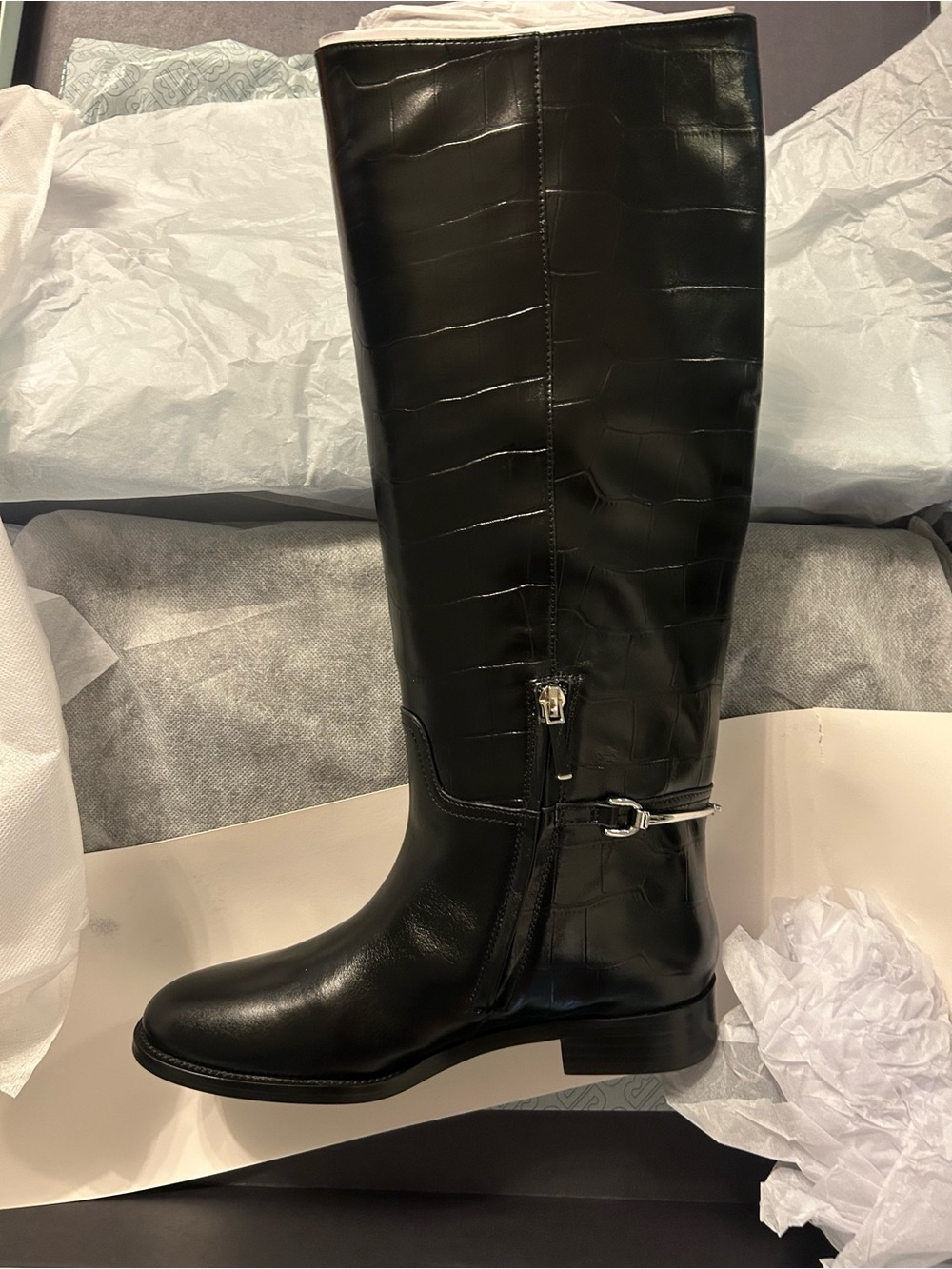 Black Croc-Embossed Tall Riding Boots with Buckle Accent